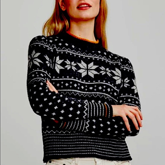 Neve Sweaters - NWOT Neve Designs Black White Snowflake Wool Fair Isle Ski Sweater Zipper Medium